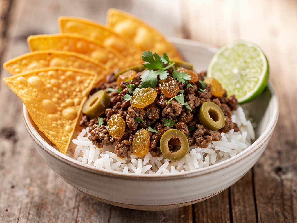 Savory Beef Picadillo Rice Bowls with Raisins, Olives & Crispy Tortilla Chips