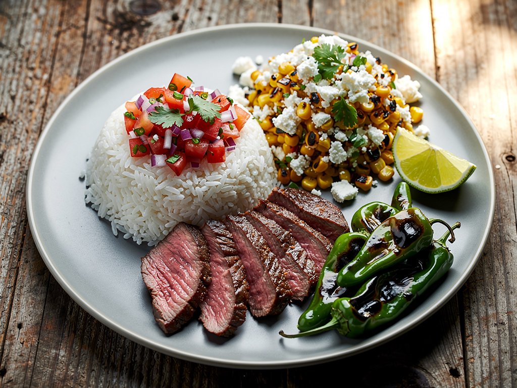 Seared Bavette Steak with Blistered Shishito Peppers and Charred Corn Feta Salad