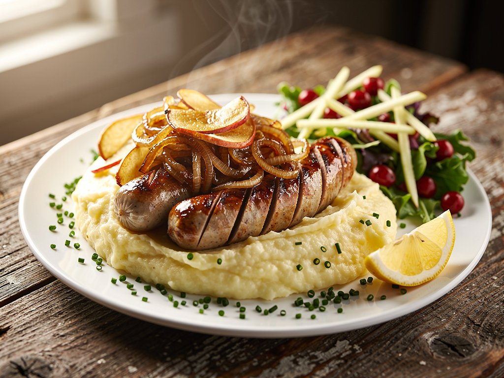 Seared Bratwurst with Caramelized Onion and Apple, Creamy Mashed Potatoes, and Apple Cranberry Salad