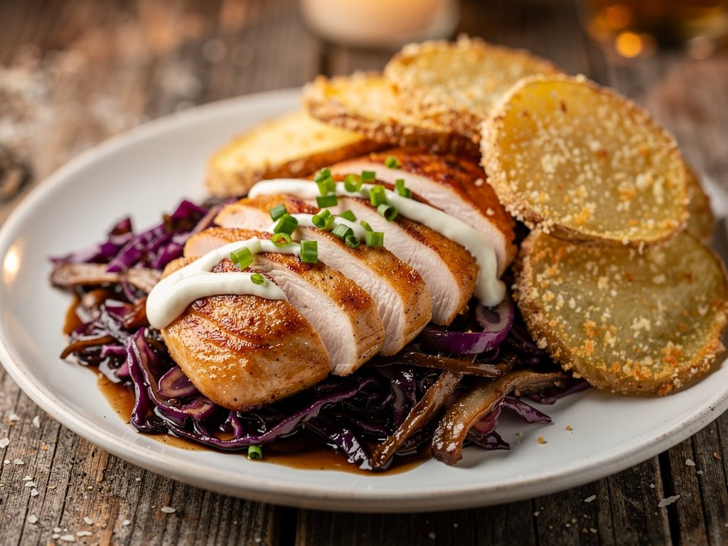 Seared Chicken with Horseradish Sauce, Parmesan Potatoes & Balsamic Cabbage