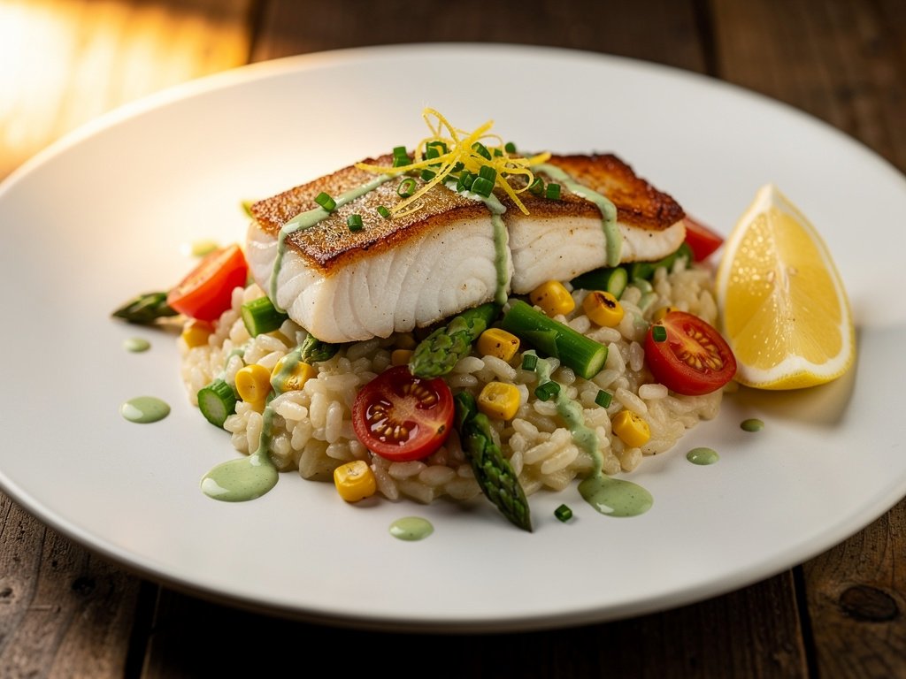 Seared Chilean Sea Bass with Creamy Green Goddess Risotto and Charred Corn