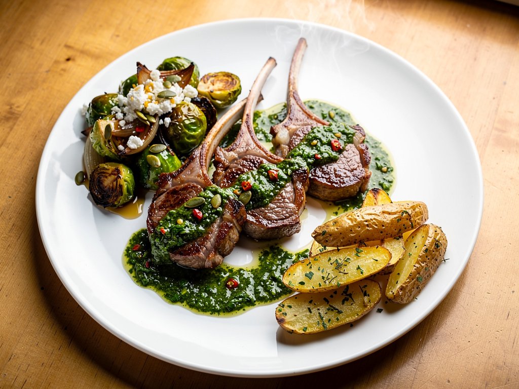 Seared Lamb Chops with Chimichurri and Hot Honey Brussels Sprouts