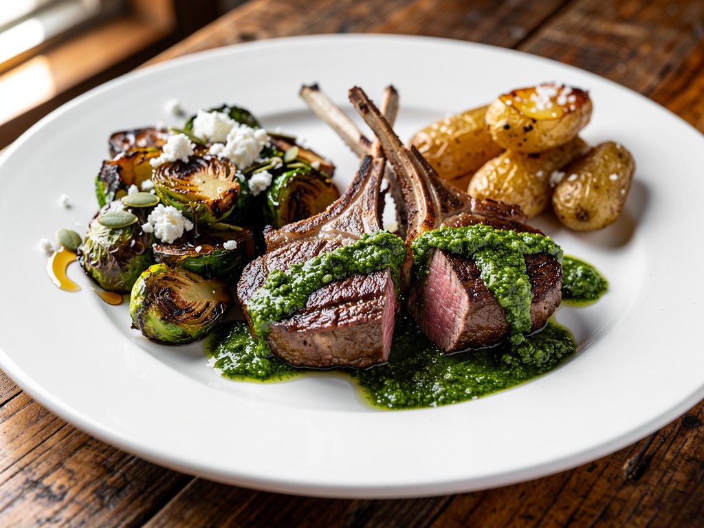 Seared Lamb Chops with Chimichurri and Hot Honey Brussels Sprouts