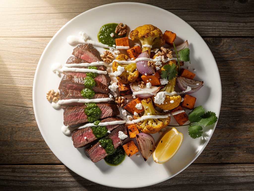 Seared Mexican-Spiced Bavette Steak with Roasted Sweet Potato and Cauliflower Jumble