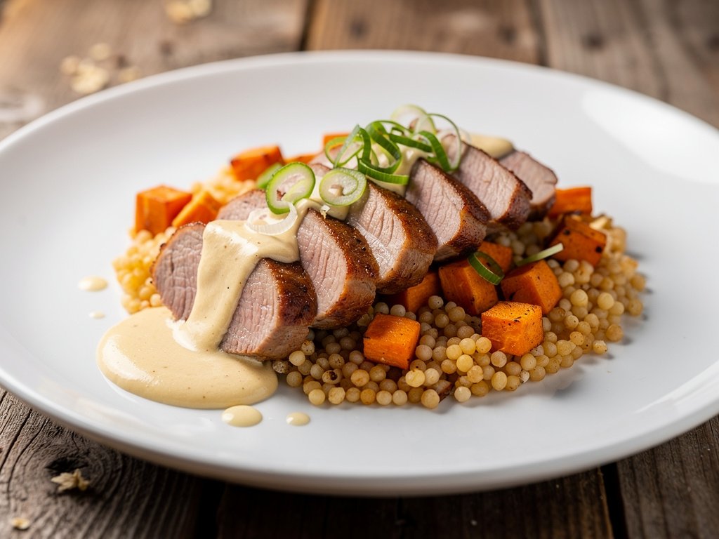 Seared Pork Filet with Creamy Garlic Sauce and Roasted Sweet Potato Couscous