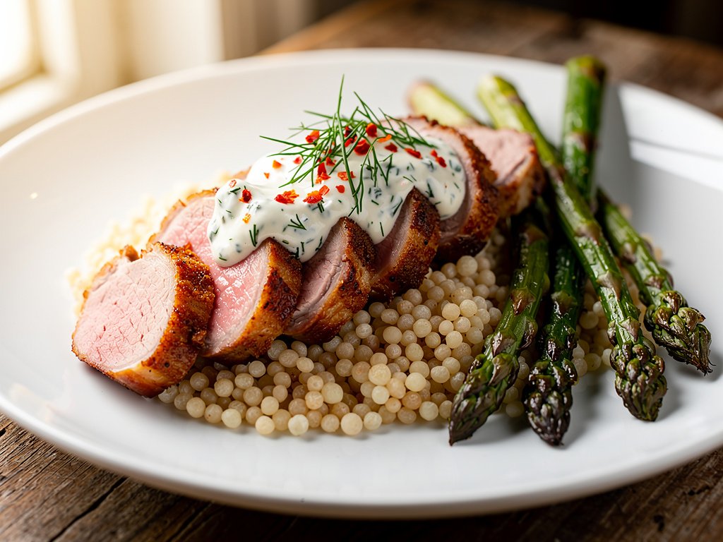 Seared Pork Tenderloin with Creamy Mustard Dill Sauce, Couscous, and Roasted Asparagus
