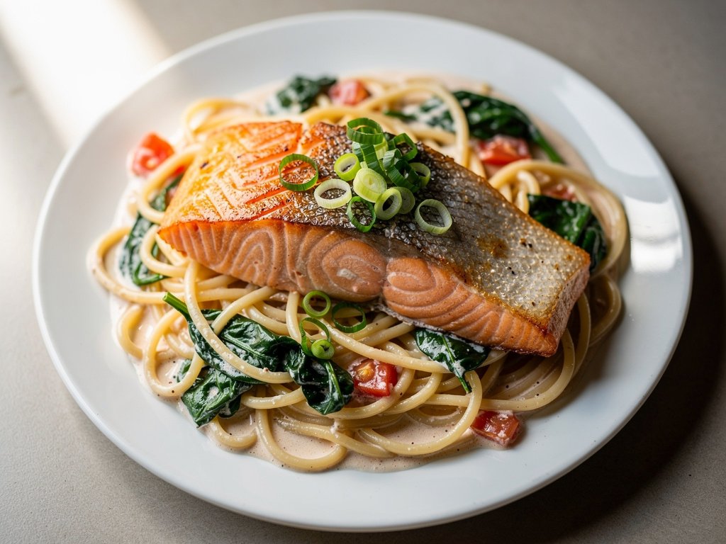 Seared Salmon with Creamy Tomato Spinach Linguine