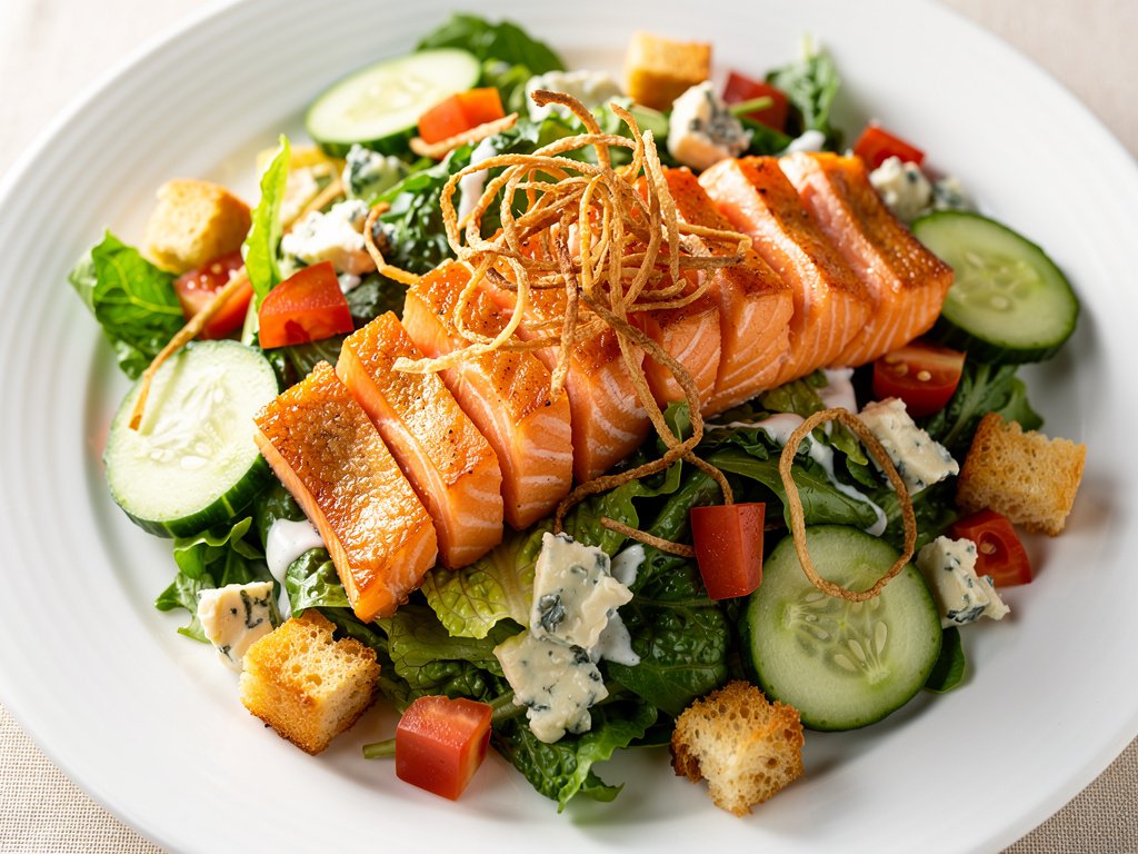 Seared Salmon Salad with Blue Cheese and Crispy Onions