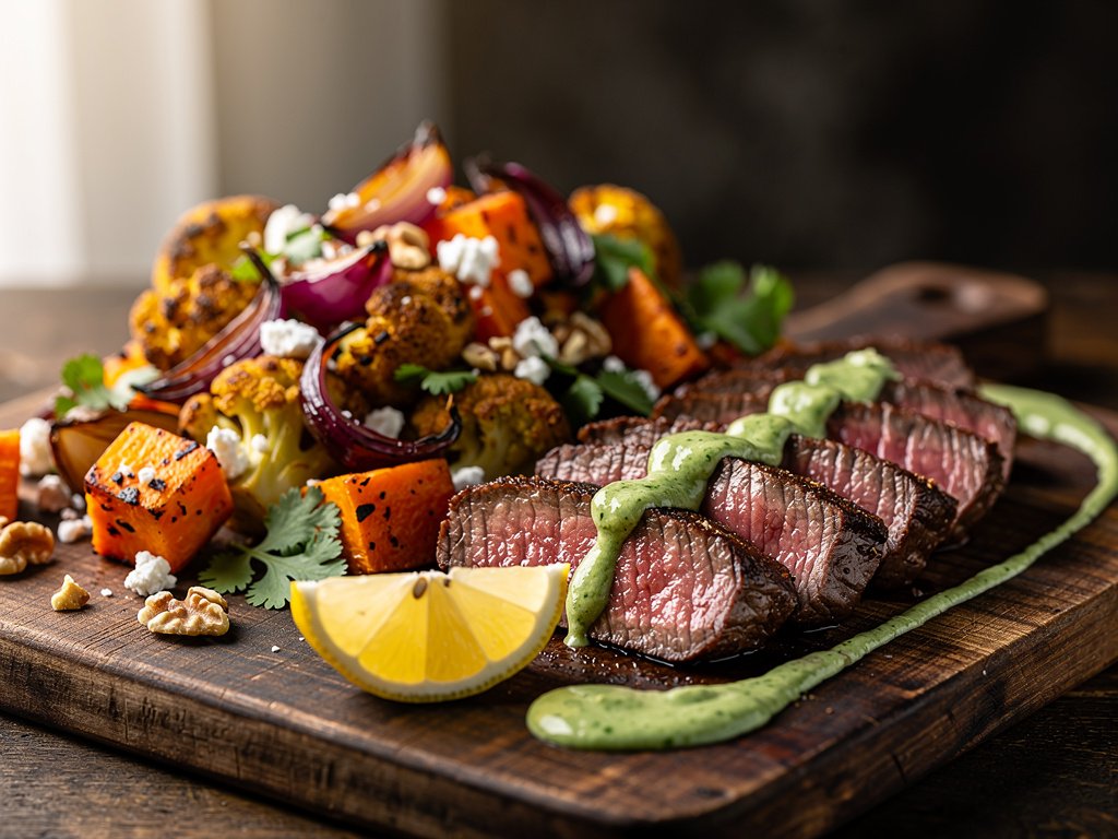 Seared Steak with Chimichurri, Sweet Potatoes, and Cauliflower
