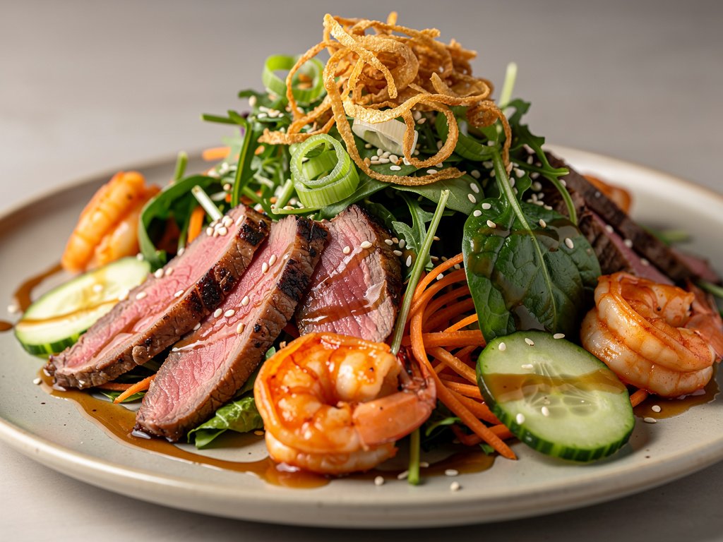 Seared Steak and Gochujang Shrimp Salad with Tangy Soy Dressing