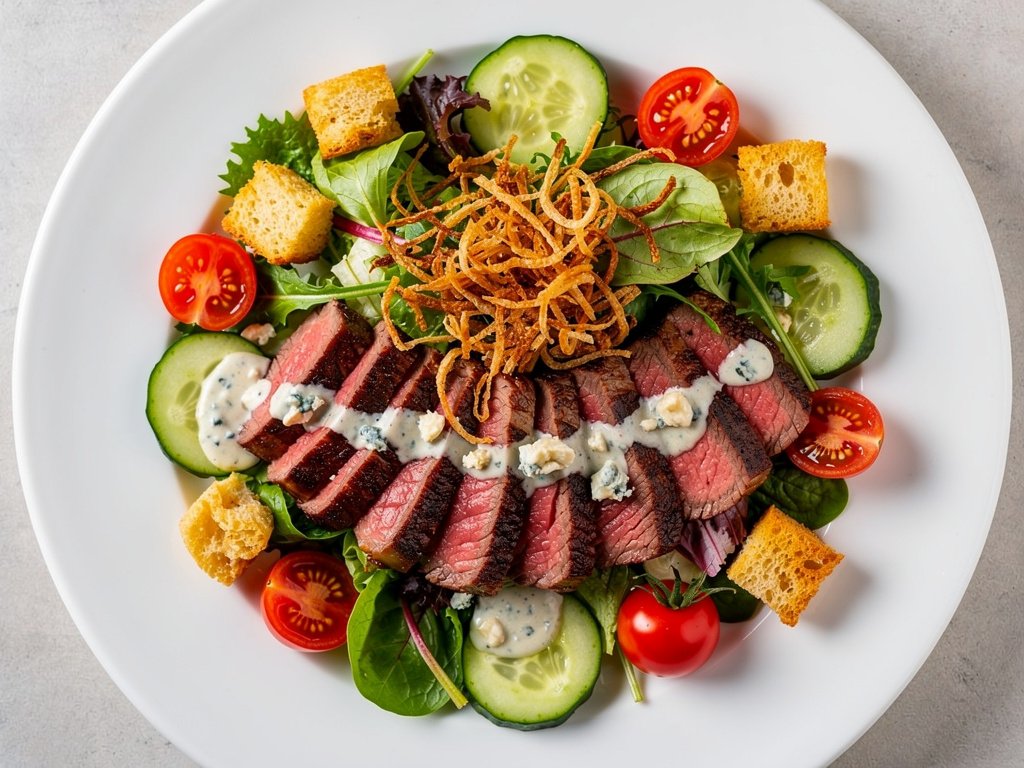 Seared Steak Salad with Blue Cheese Dressing and Crispy Onions