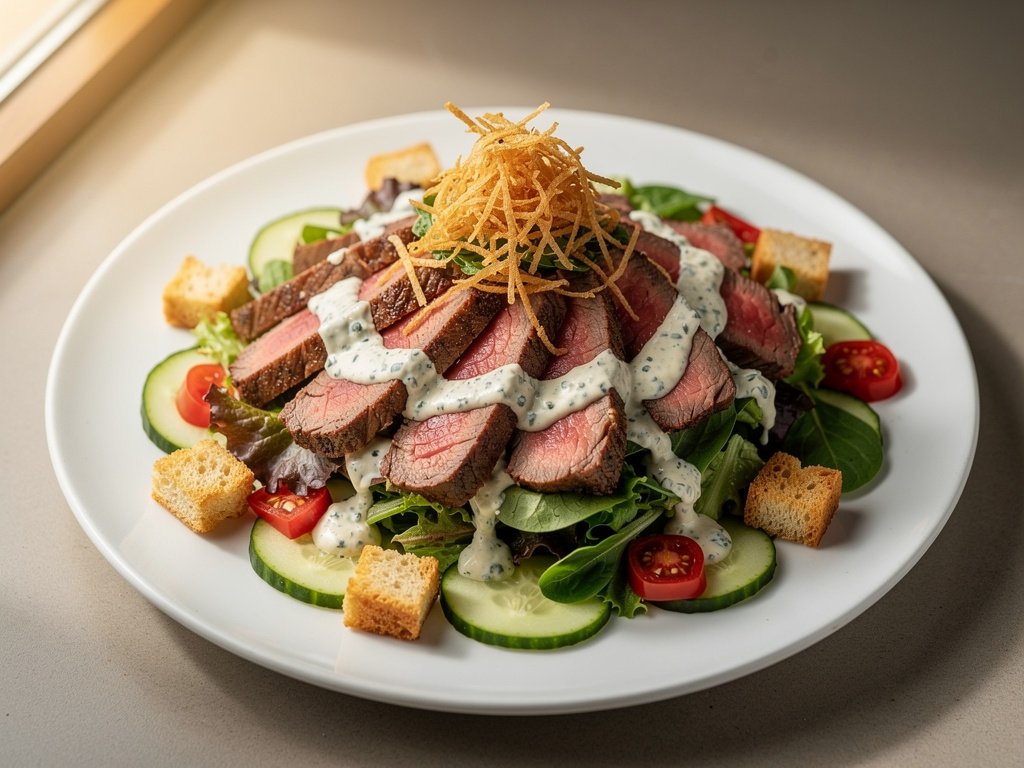 Seared Steak Salad with Blue Cheese Dressing and Crispy Onions