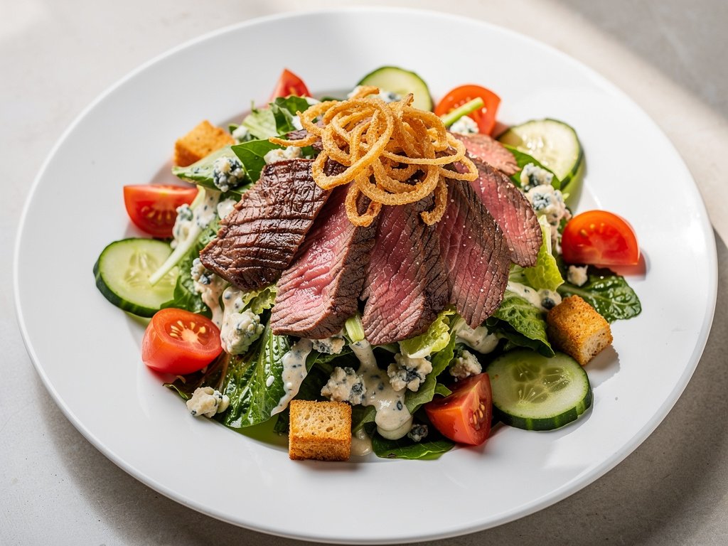 Seared Steak Salad with Blue Cheese Dressing and Crispy Onions