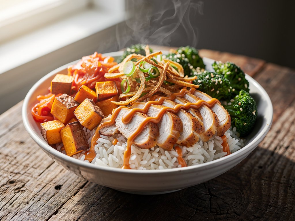 Sesame-Garlic Chicken and Sweet Potato Bowls with Kimchi and Sriracha Honey