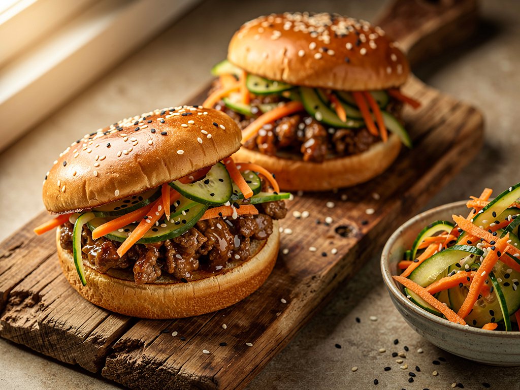 Sesame Ginger Beef Sloppy Joes with Quick Pickled Cucumber Carrot Slaw