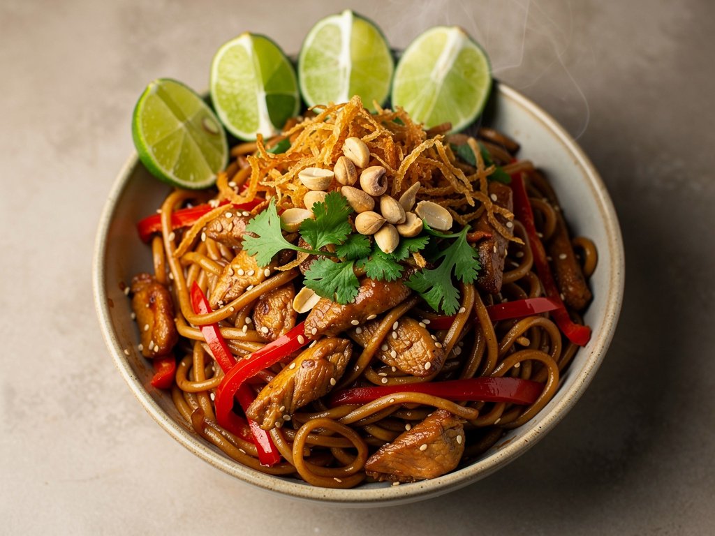Sesame Ginger Chicken Noodle Stir-Fry with Crunchy Toppings