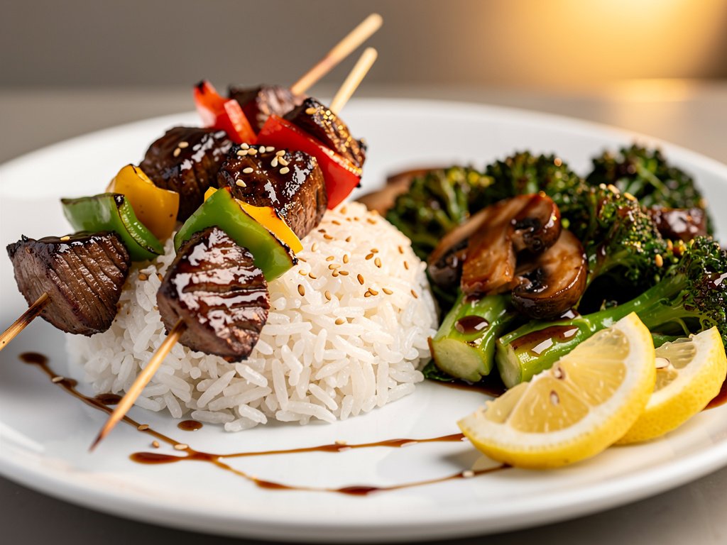Sesame Rice Bowl with Soy Butter Veggies and Glazed Steak Skewers