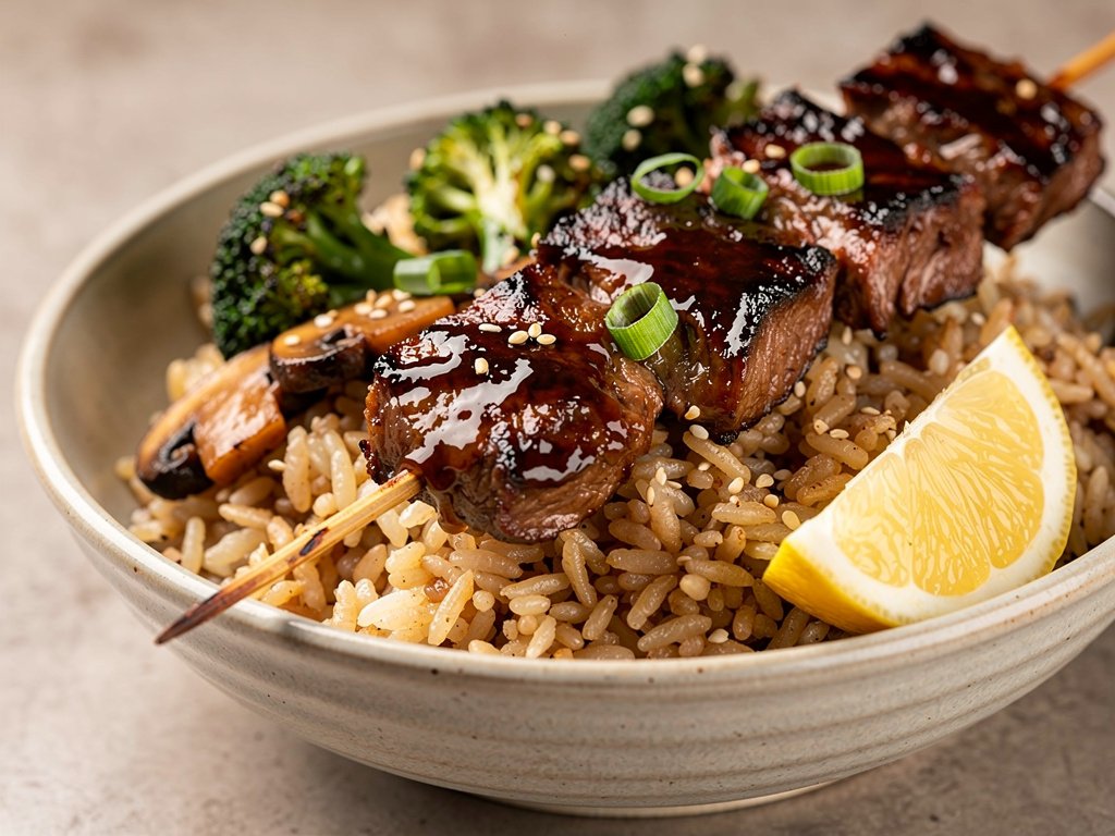 Sesame Rice Bowls with Soy Butter Veggies and Glazed Steak Skewers