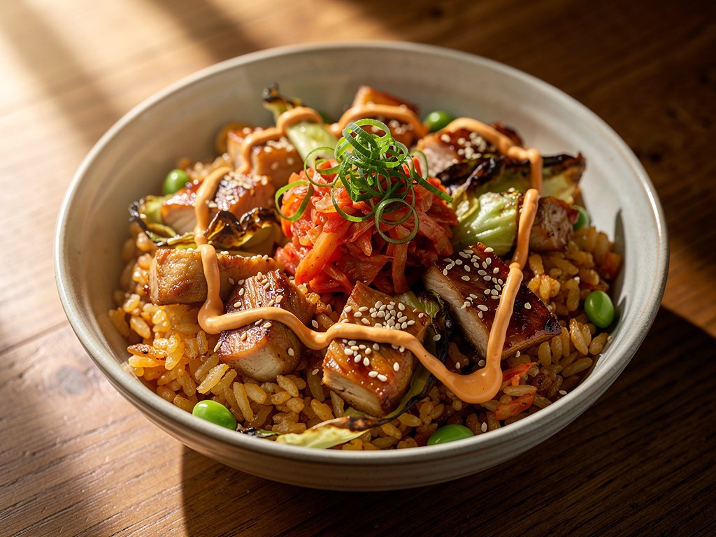 Sesame Soy Chicken and Kimchi Fried Rice with Charred Cabbage