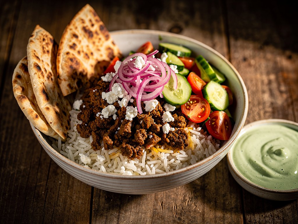 Shawarma-Spiced Ground Beef Bowls with Cucumber Tomato Salad and Mint Yogurt Sauce