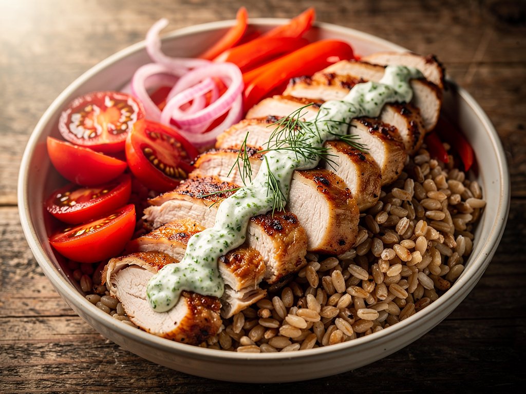 Shawarma-Spiced Chicken and Farro Bowls with Chimichurri Yogurt