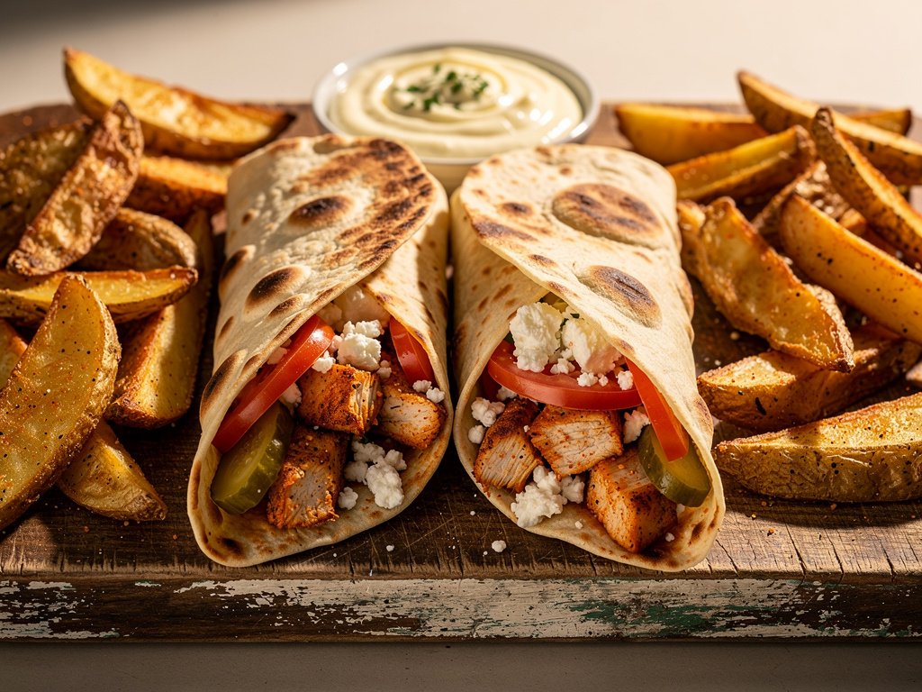 Shawarma-Spiced Chicken Naan Wraps with Potato Wedges and Garlic-Lemon Sauce