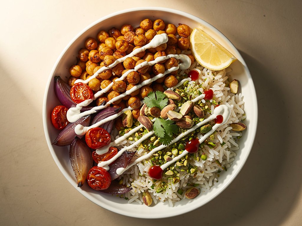 Shawarma-Spiced Chickpea Bowls with Pistachio Rice and Garlic Sauce