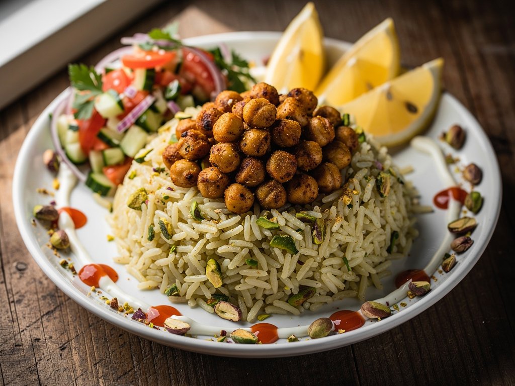 Shawarma-Spiced Chickpeas with Pistachio Rice and Cucumber Salad