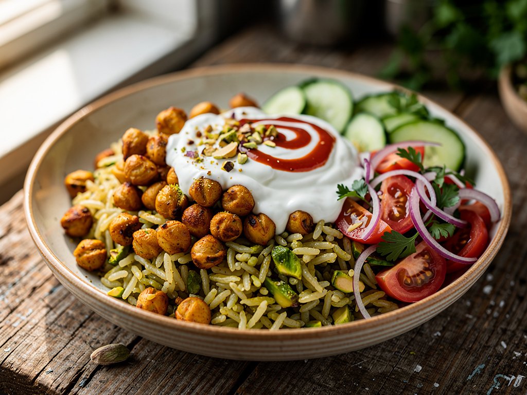 Shawarma-Spiced Chickpeas with Pistachio Rice and Cucumber Salad