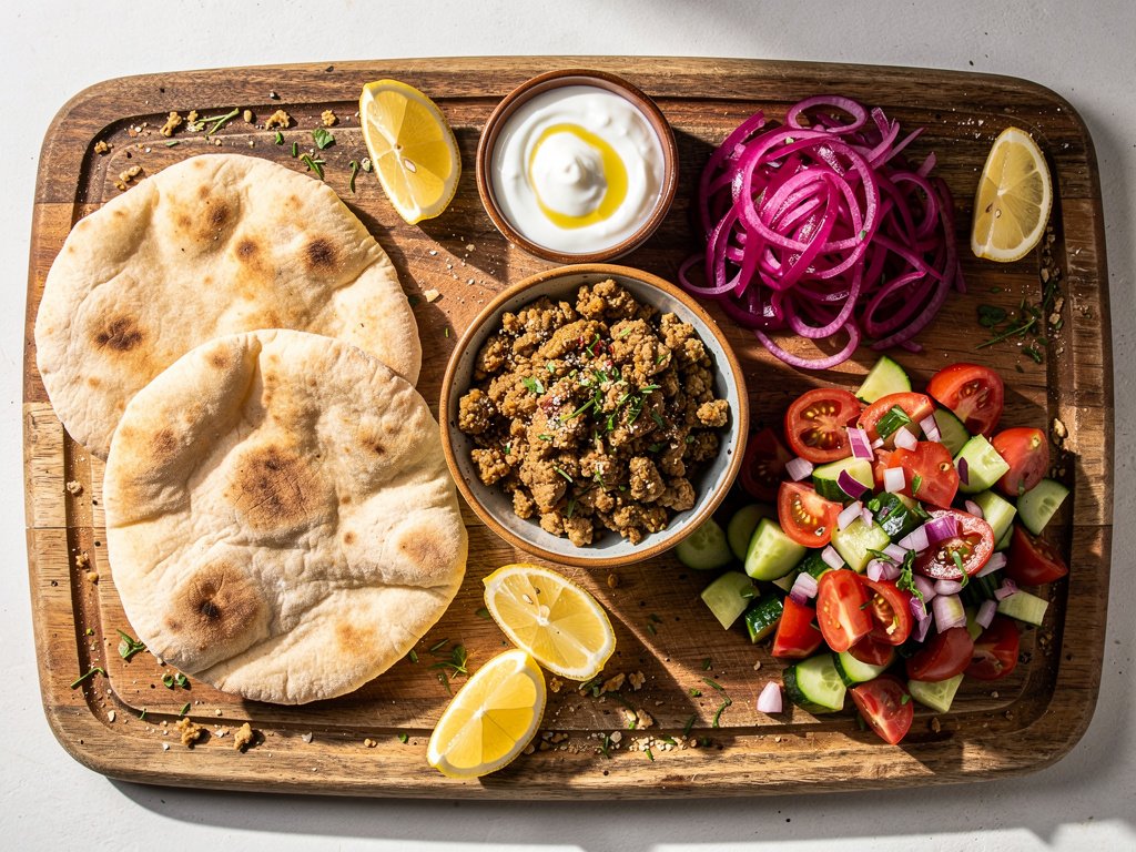 Shawarma-Spiced Ground Turkey Pita Bar with Pickled Onion and Yogurt Sauce