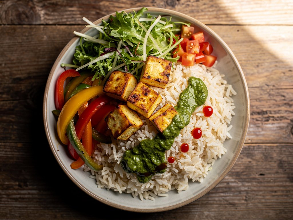 Shawarma-Spiced Paneer Bowls with Creamy Chimichurri and Jasmine Rice