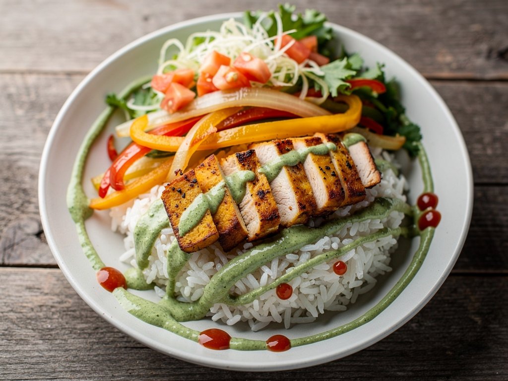 Shawarma-Spiced Paneer and Chicken Rice Bowls with Creamy Chimichurri