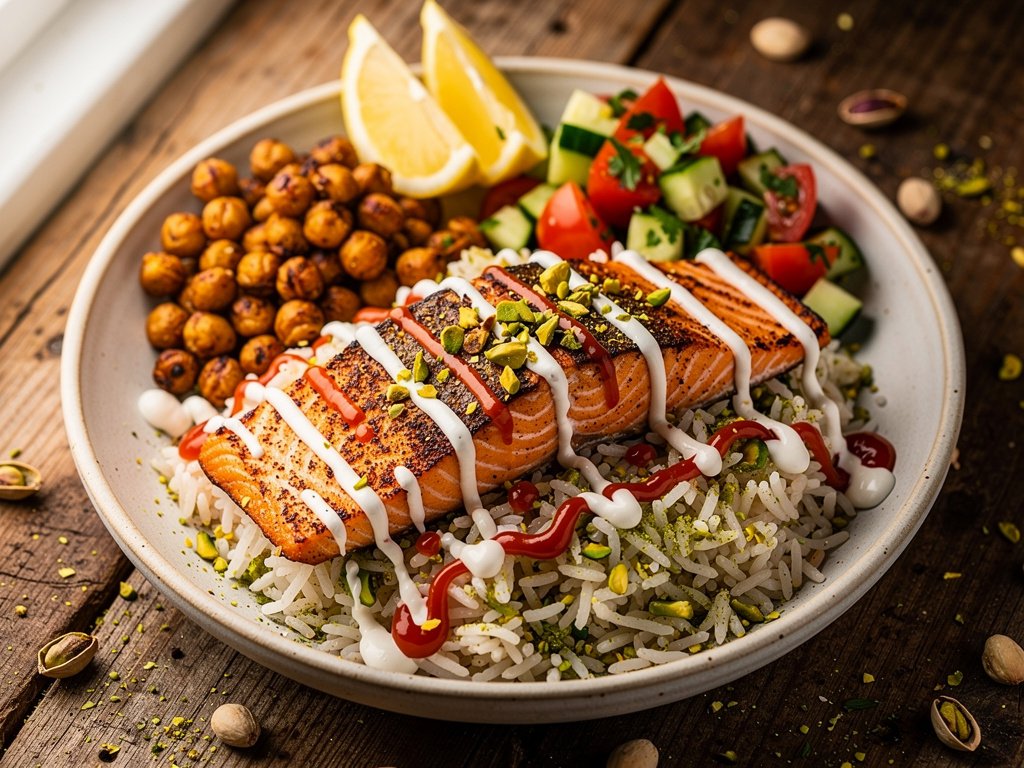 Shawarma-Spiced Salmon and Chickpeas with Pistachio Rice and Cucumber Salad