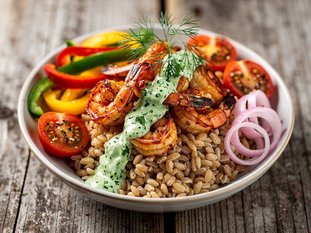 Shawarma-Spiced Shrimp and Farro Bowls with Chimichurri Yogurt