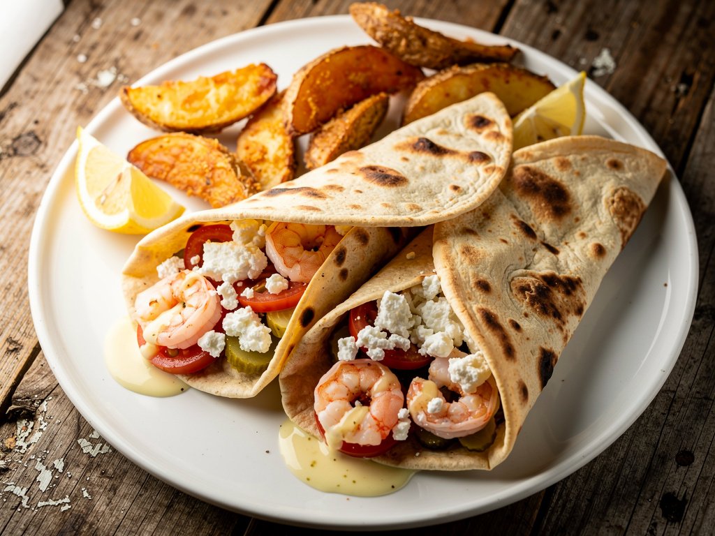 Shawarma-Spiced Shrimp and Feta Naan Wraps with Potato Wedges