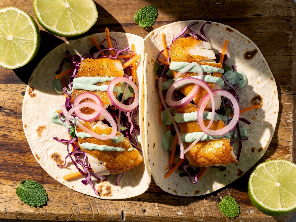Shawarma-Spiced Tilapia Tacos with Curry-Pickled Shallot and Cilantro Mint Raita
