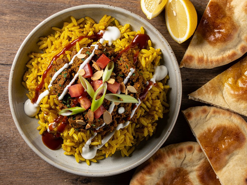 Shawarma-Spiced Turkey Rice Bowls with Turmeric Rice and Creamy White Sauce