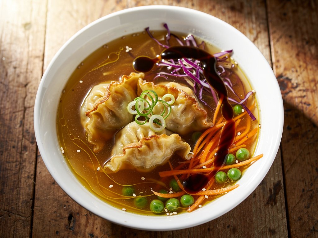 Shoyu-Style Chicken Gyoza Soup with Ginger and Vegetables