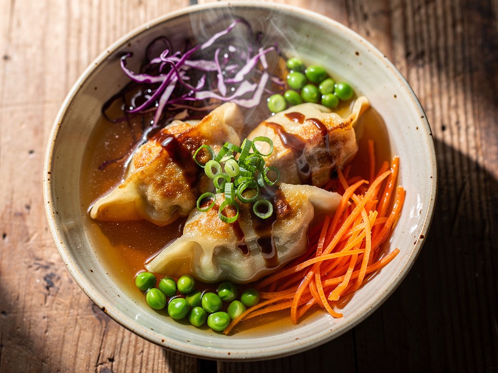 Shoyu Chicken Gyoza Soup with Ginger and Vegetables