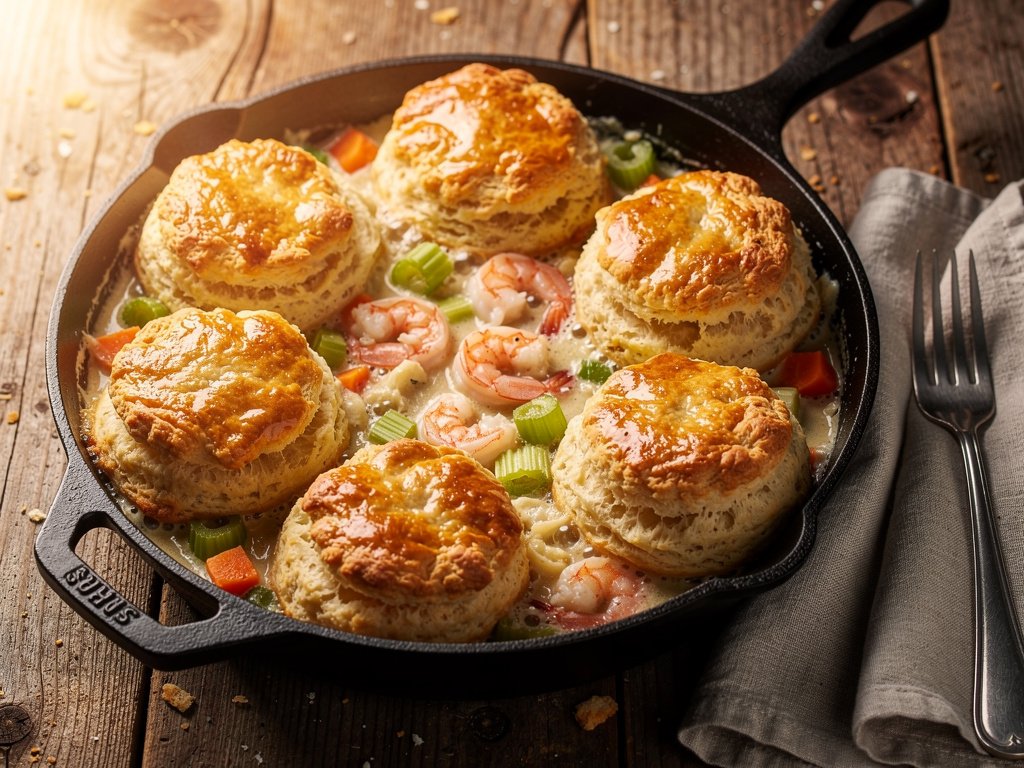 Shrimp and Biscuit Pot Pie with Carrots and Celery