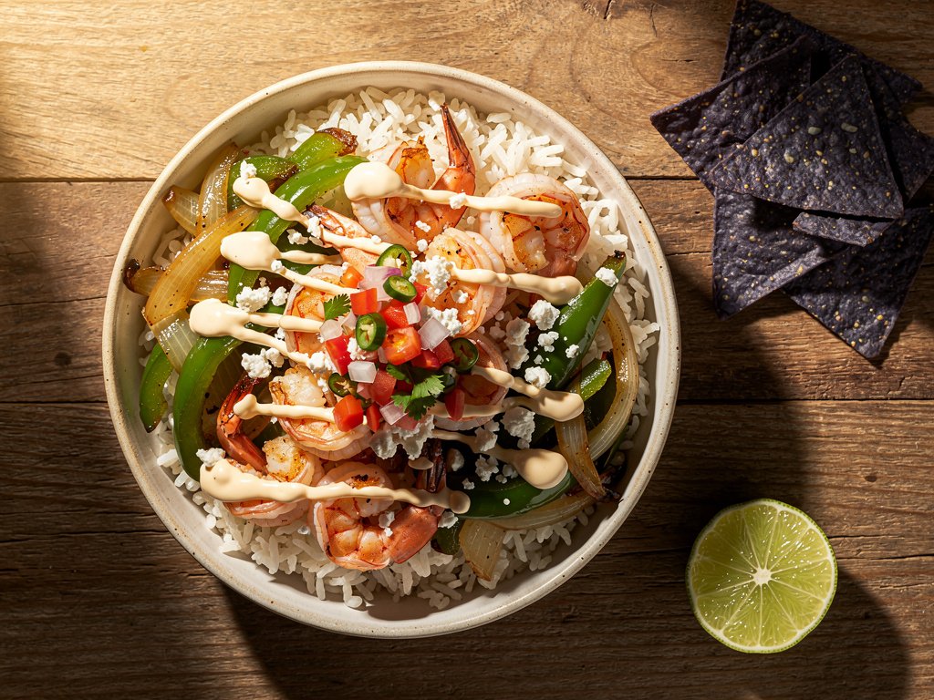 Shrimp Fajita Bowls with Pico de Gallo and Chili Lime Crema