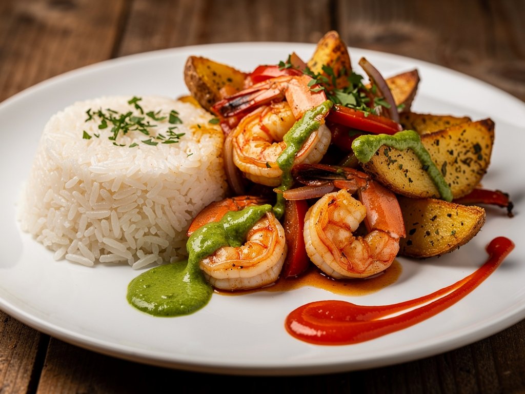 Shrimp Lomo Saltado with Chimichurri Mayo, Rice, and Potatoes