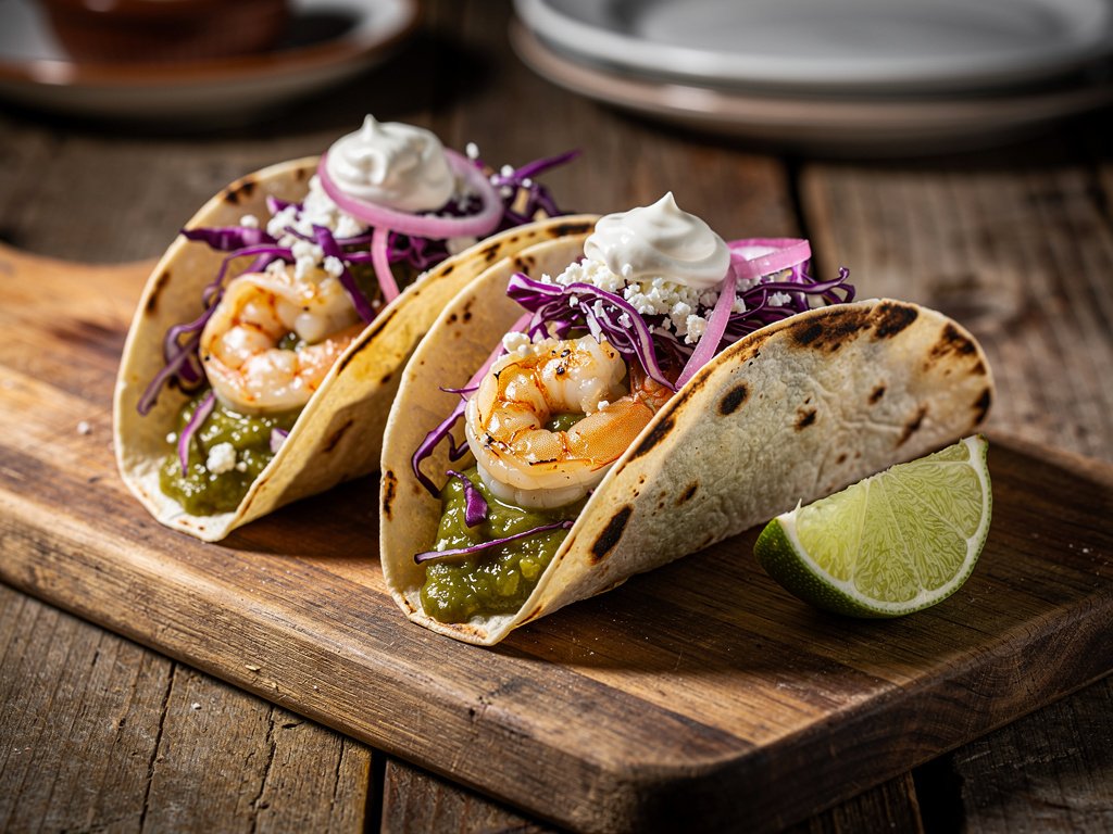 Shrimp Verde Tacos with Cilantro-Lime Slaw and Pickled Shallots