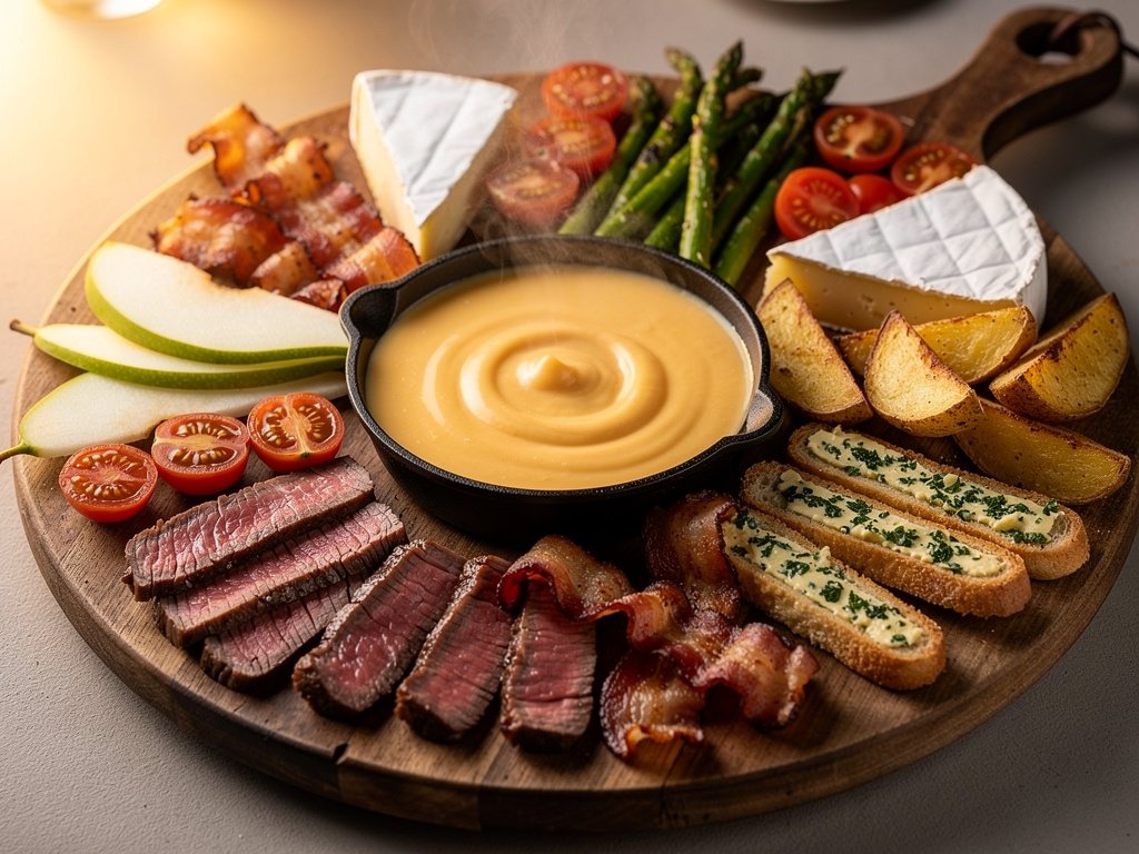 Sirloin Steak and Cheddar Fondue Board with Bacon, Brie, and Herb-Roasted Veggies