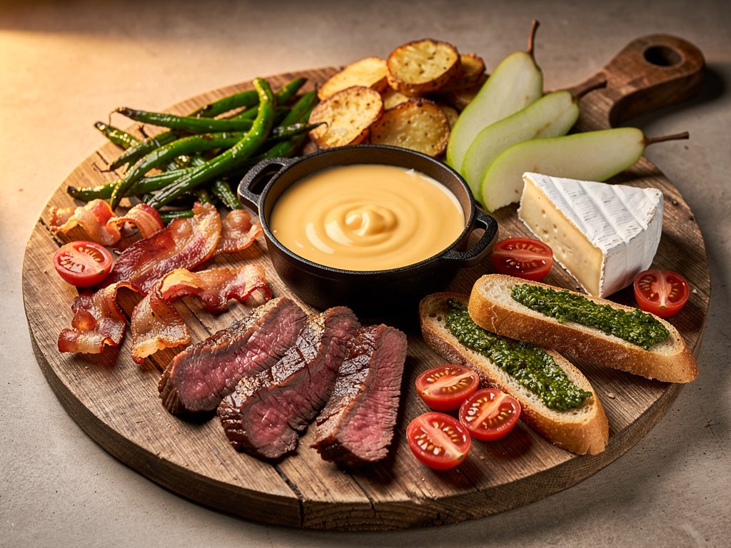 Sirloin Steak and Cheddar Fondue Board with Roasted Veggies and Basil Butter Toast