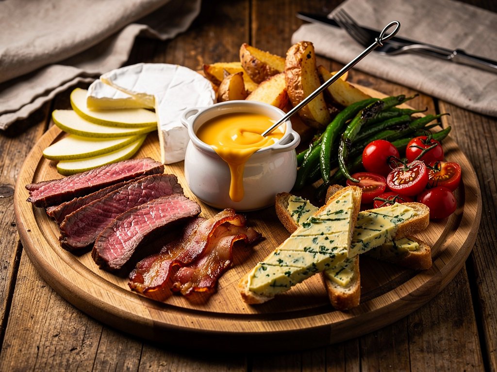 Sirloin Steak and Cheddar Fondue Board with Bacon, Brie, and Herb-Roasted Veggies