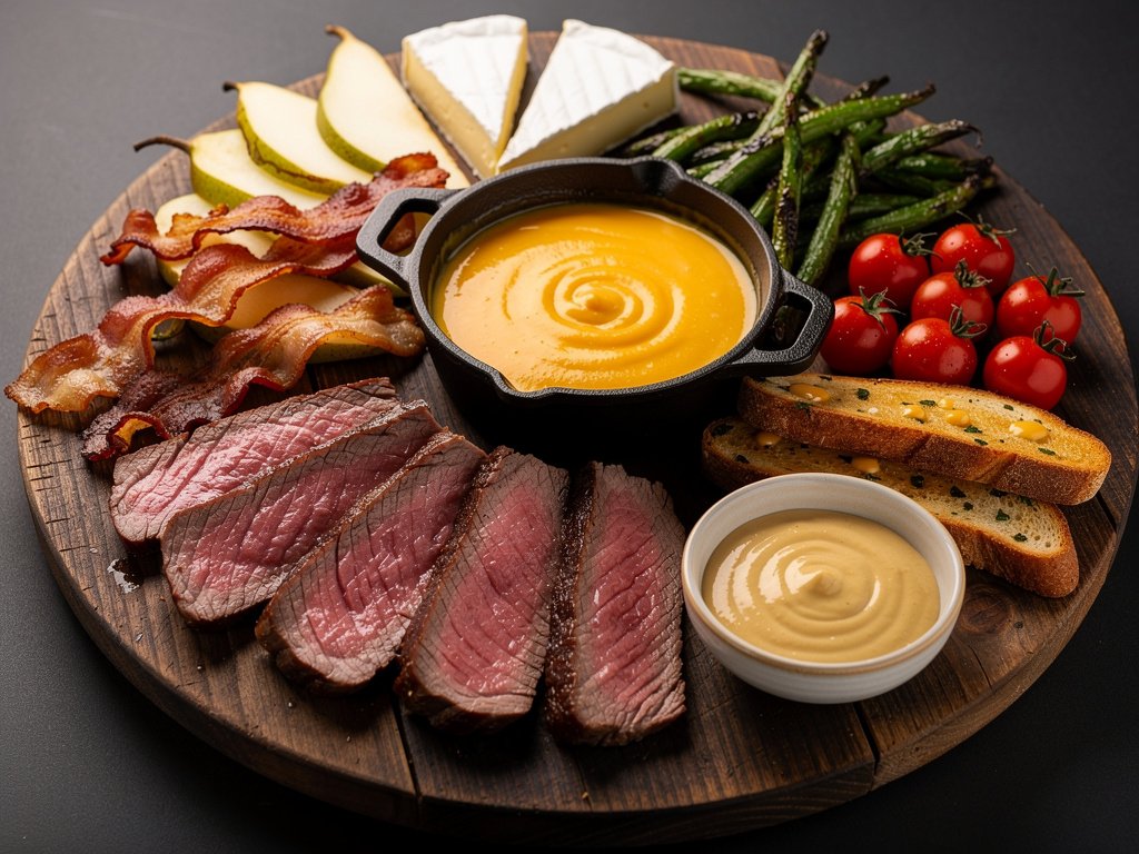 Sirloin Steak and Cheddar Fondue Board with Bacon, Brie, and Herb-Roasted Veggies