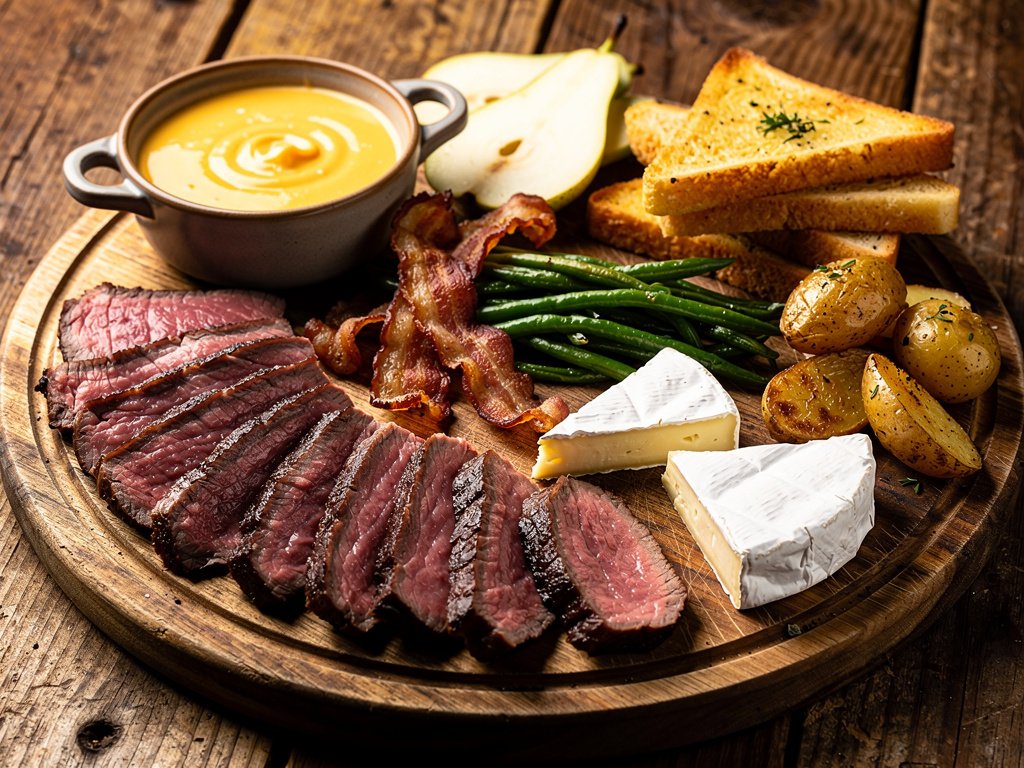 Sirloin Steak and Cheddar Fondue Board with Bacon, Brie, and Herb-Roasted Veggies