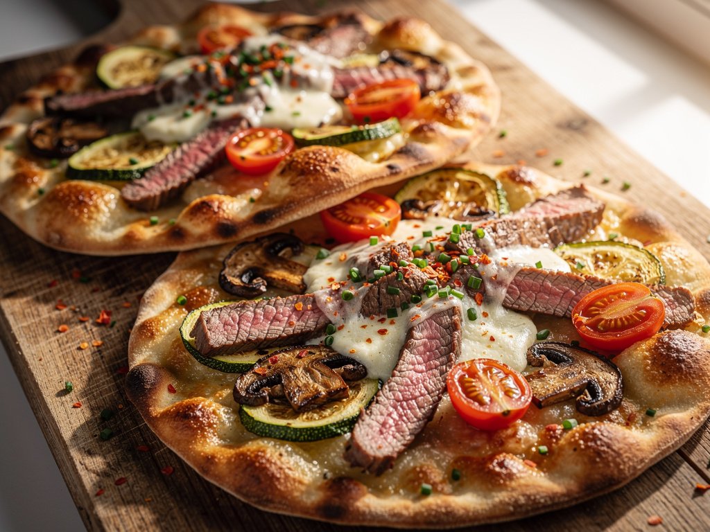 Sirloin Steak and Zucchini Flatbreads with Creamy White Sauce