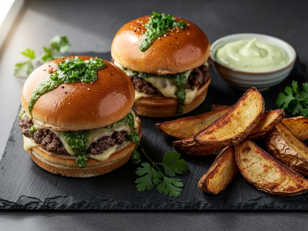 Smoky Ancho Beef Sliders with Chimichurri Mayo and Crispy Potato Wedges